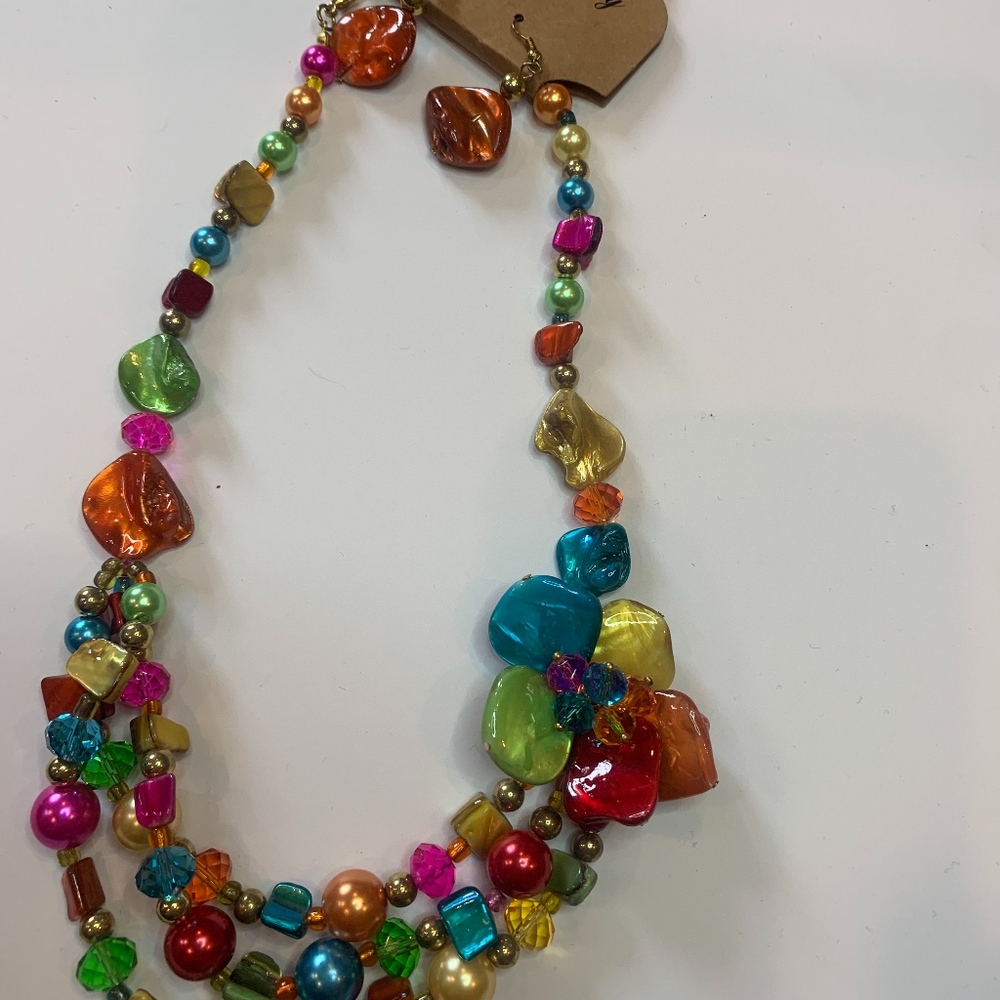 Multi strand rainbow beaded necklace & earring set